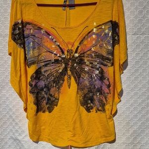 New Directions Women's BOHEMIAN LARGE Yellow and Purple Butterfly Print Top
